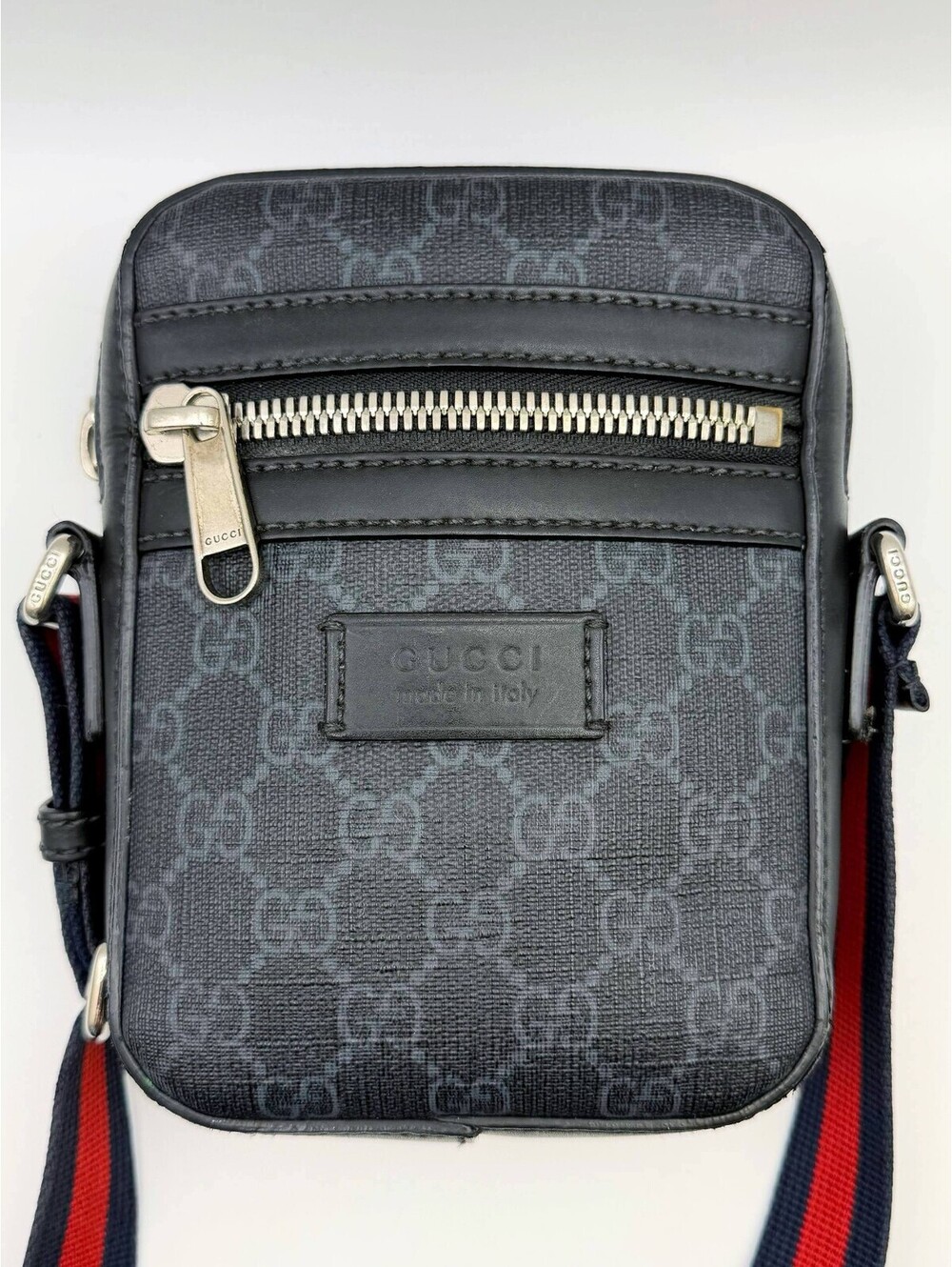 Gucci GG Supreme Monogram Black Grey Web Strap Small